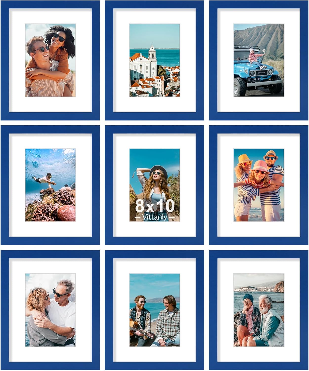 Vittanly 8x10 Picture Frames Set of 9, Shatter Resistant Plexiglass, Display 5x7 Pictures with Mat or 8x10 without Mat, Photo Frames for Wall or Tabletop, Engineered Wood, Black - Colors B
