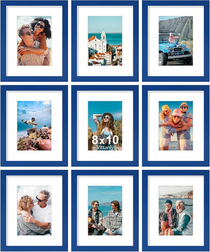 Vittanly 8x10 Picture Frames Set of 9, Shatter Resistant Plexiglass, Display 5x7 Pictures with Mat or 8x10 without Mat, Photo Frames for Wall or Tabletop, Engineered Wood, Black - Colors B