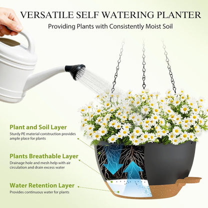 12 Inch Hanging Baskets 2 PC with Chains, Self-Watering Hanging Planters for Indoor Outdoor Plants, Plastic Hanging Flower Pots,Black