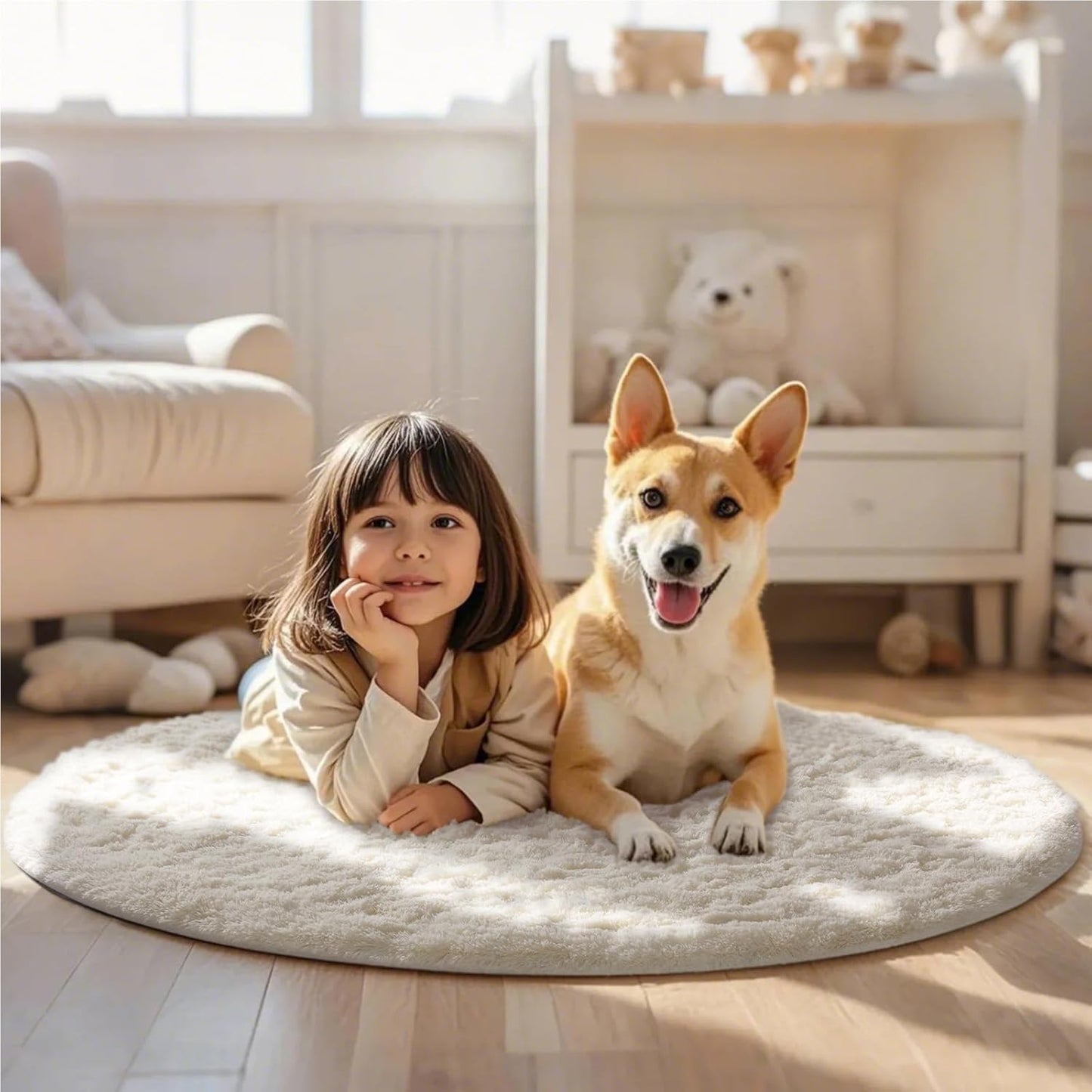 Ophanie Round Rugs 5Ft Ivory Circle Area Rug, Nursery Room Decor, Christmas Aesthetic Bedroom Home Circular Carpet 5 Foot, Fluffy Fuzzy Shag Plush Cream Living Room Rugs for Kids Boys Girls Teen Baby