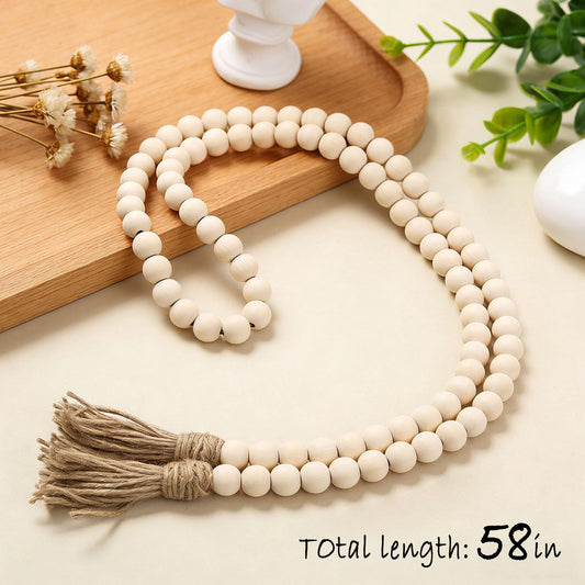 Farmhouse Decor, 59in Wooden Beads Garland with Tassels, Rustic Farmhouse Prayer Boho Beads for Coffee Table Wall Country Decor