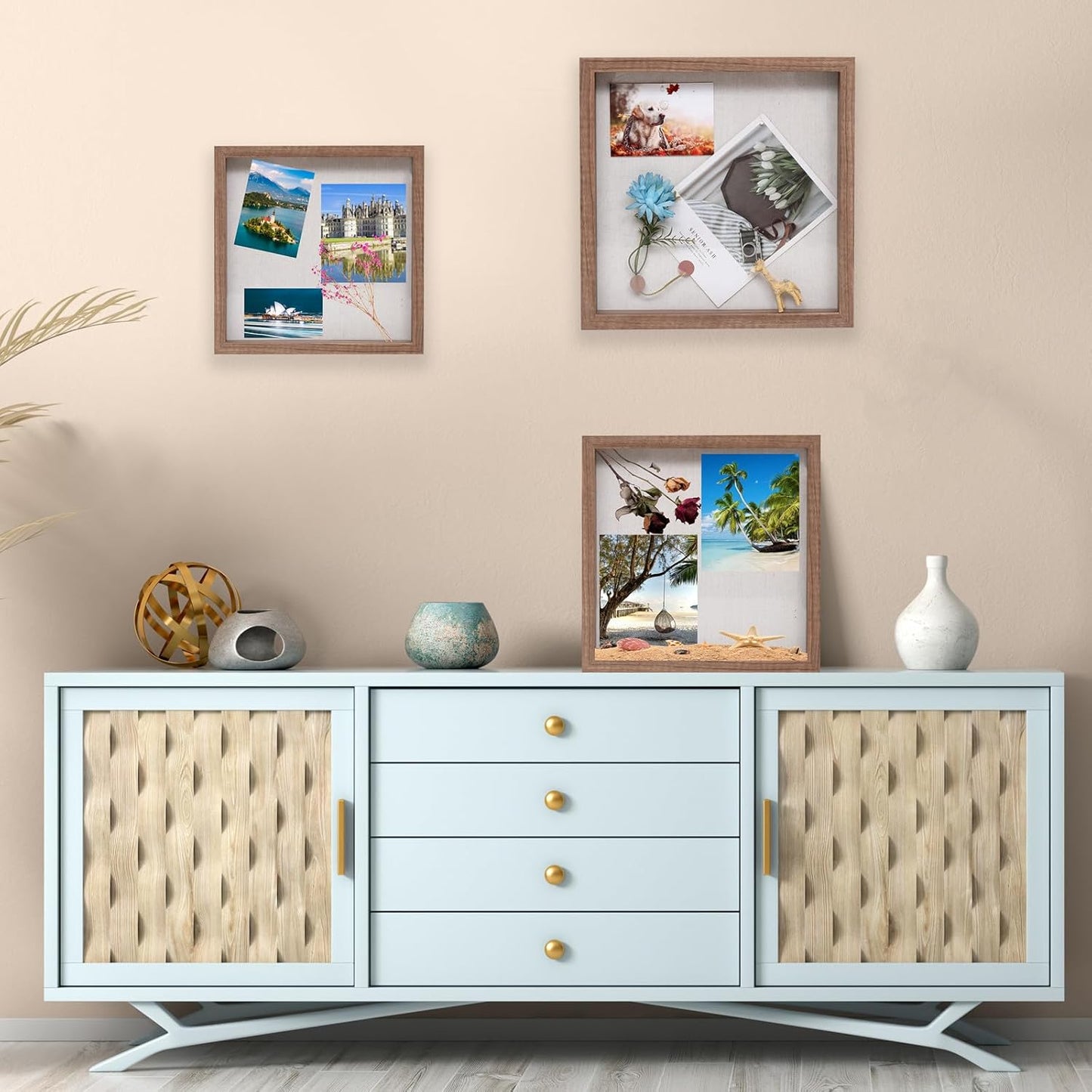 Muzilife 8x8 Shadow Box Picture Frame with Linen Board - Deep Wood & Glass Display Case Ready to Hang Memory Box Baby Sports Memorabilia, Pins, Awards, Medals, Wedding, Tickets and Photos (Black)