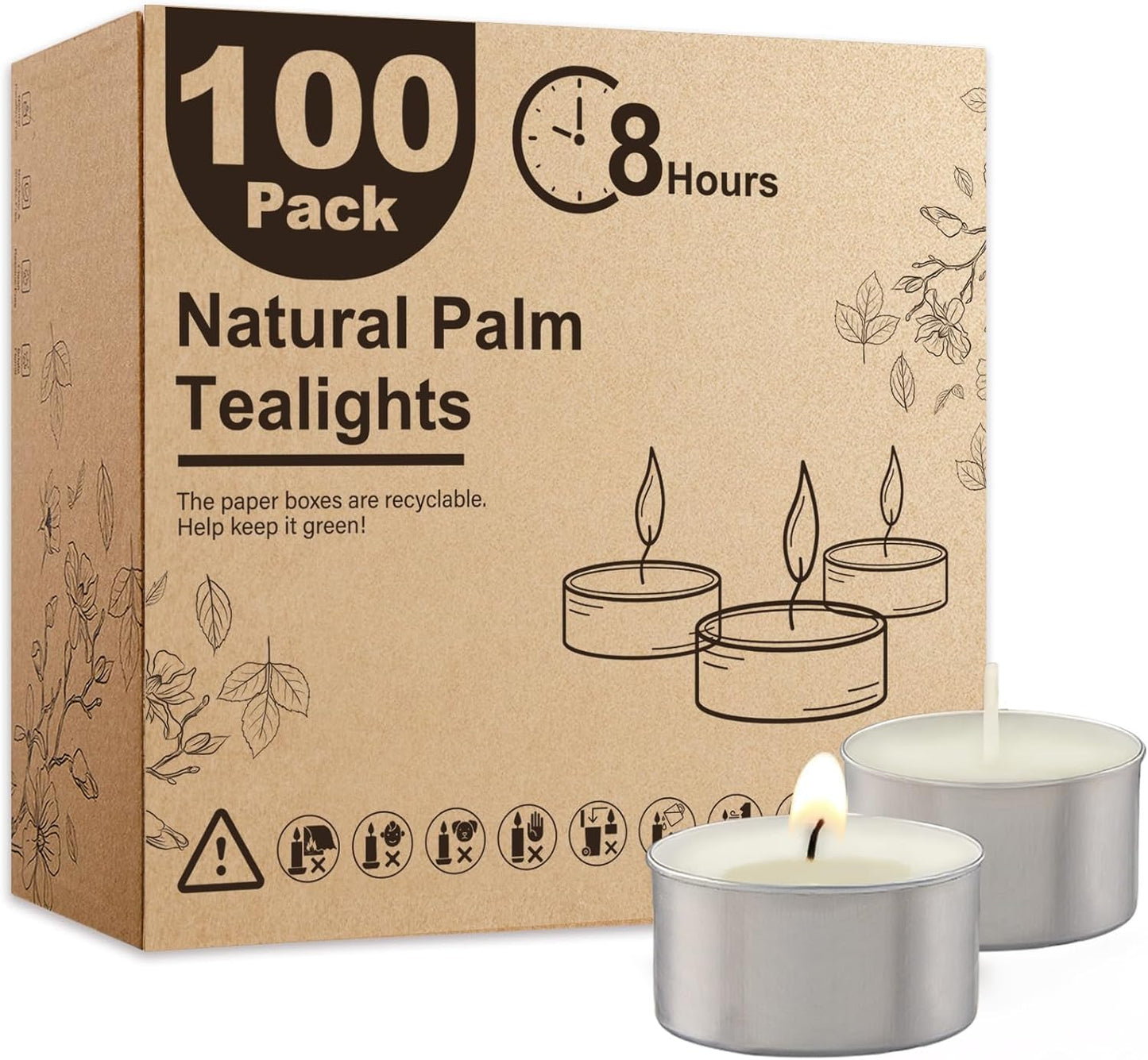 Ashlux Unscented Palm Tea Lights Candles 100 Pack Bulk, 4.5 Hours Long Burning White Tea Lights,Non-Paraffin, Smokeless, Mini Tealight Votive Candles for Wedding, Christmas Lights, Party, Christmas