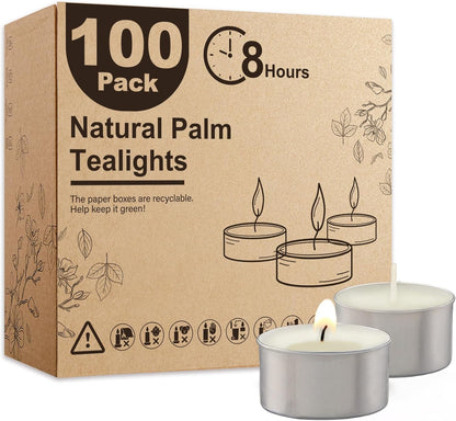 Ashlux Unscented Palm Tea Lights Candles 100 Pack Bulk, 4.5 Hours Long Burning White Tea Lights,Non-Paraffin, Smokeless, Mini Tealight Votive Candles for Wedding, Christmas Lights, Party, Christmas