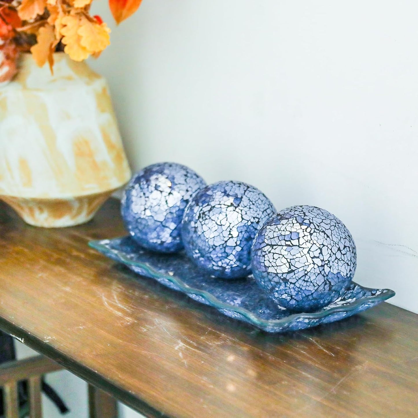 VCUTEKA Decorative Balls and Glass Bowl, 4 Inch Mosaic Sphere Balls Centerpiece Balls for Coffee Table, Home Decor, Wedding Party Decor, Green