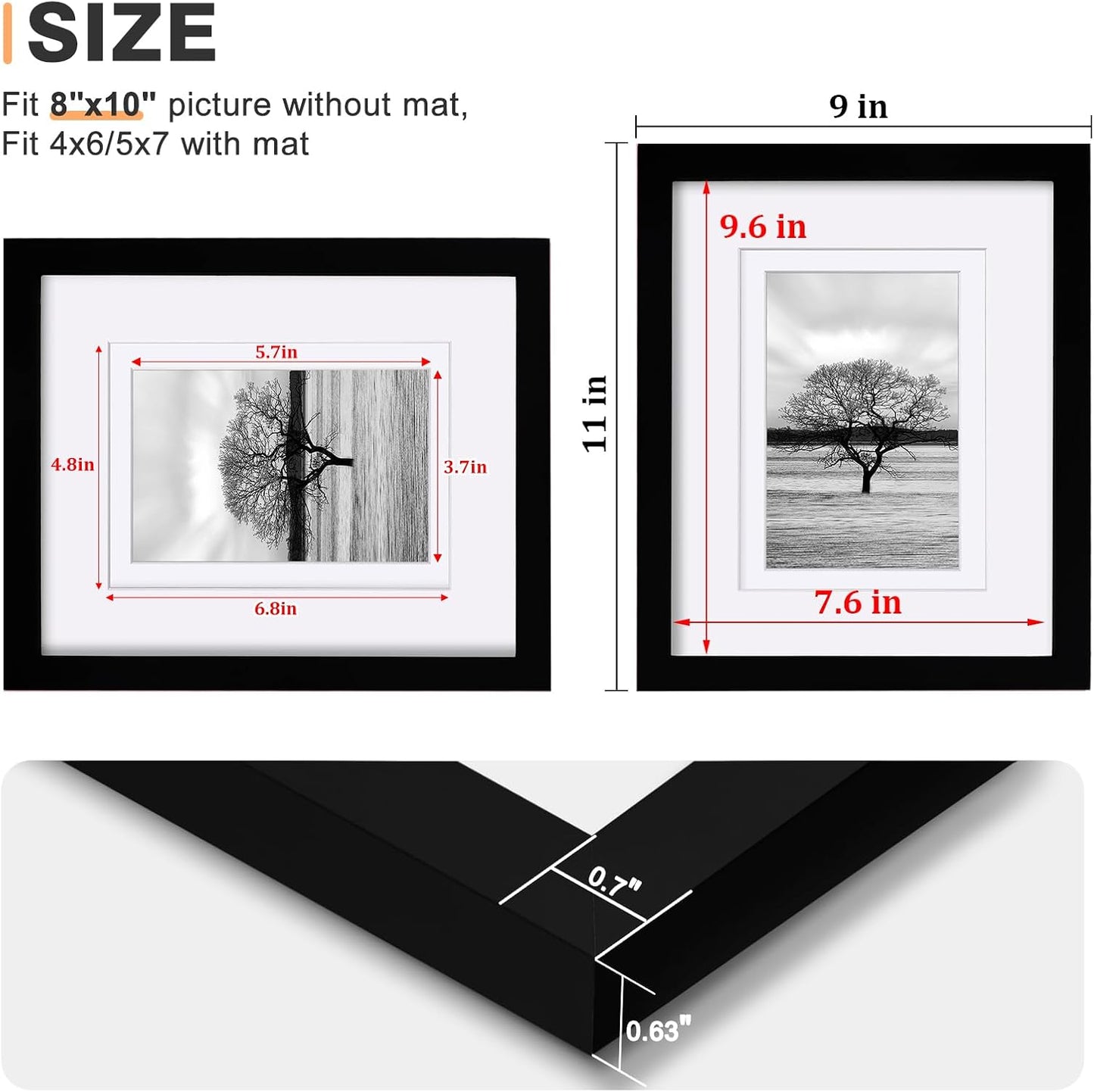 Egofine 12x16 Picture Frame Black, Covered by Plexiglass Made of Solid Wood, Display Pictures 9x12 and 11x14 with Mat or 12x16 Without Mat, for Wall Mounting Photo Frame - Colors B