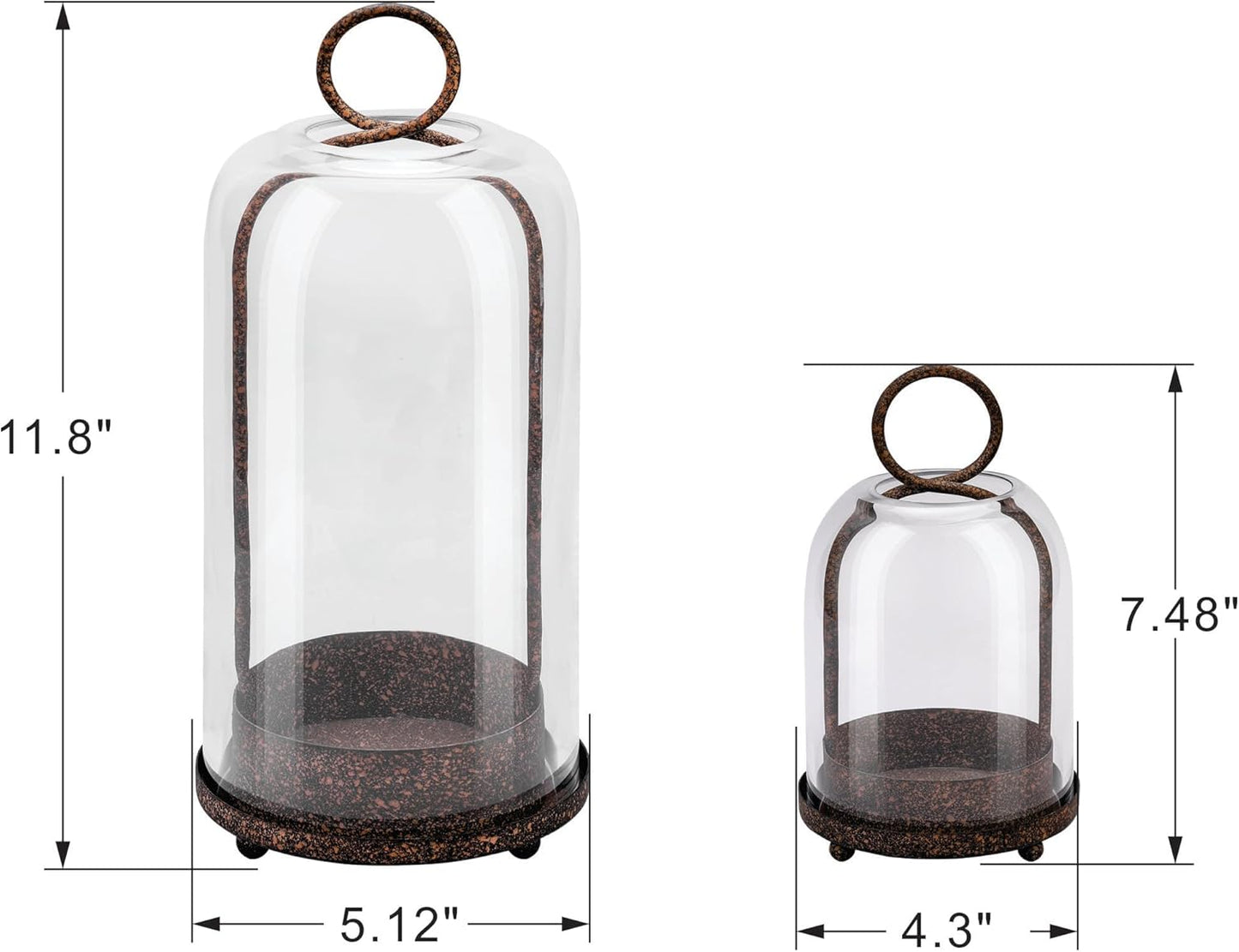5" & 4" Wide Versatile Metal Candle Holder with Handmade Sturdy Glass Dome in Brass for Pillar Candle & Plants, 5.1" xH11.8 4" xH7.5, Industrial, Farmhouse, Shabby Chic. (2, Brass, Large & Small)