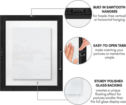 Americanflat 12x18 Floating Picture Frame with Polished Crystal-Clear Glass - Use as 8x10 Picture Frame or Display 5x7 Photo - Signature Float Collection - Photo Frames for Wall Display - Black