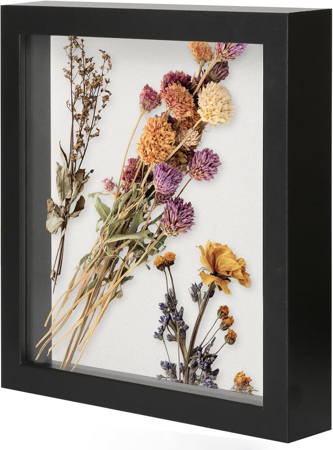 Muzilife 8x8 Shadow Box Picture Frame with Linen Board - Deep Wood & Glass Display Case Ready to Hang Memory Box Baby Sports Memorabilia, Pins, Awards, Medals, Wedding, Tickets and Photos (Black)