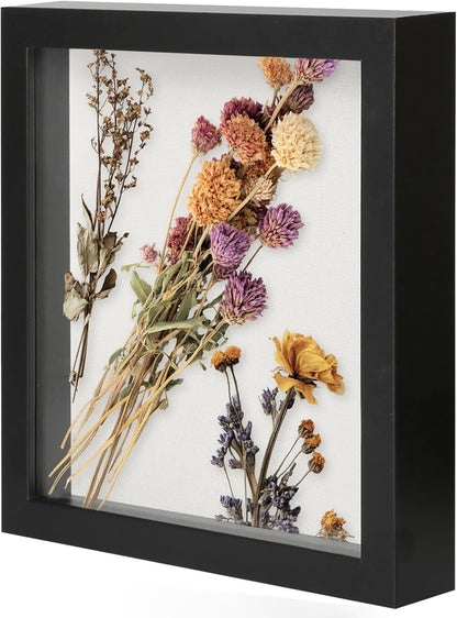 Muzilife 8x8 Shadow Box Picture Frame with Linen Board - Deep Wood & Glass Display Case Ready to Hang Memory Box Baby Sports Memorabilia, Pins, Awards, Medals, Wedding, Tickets and Photos (Black)