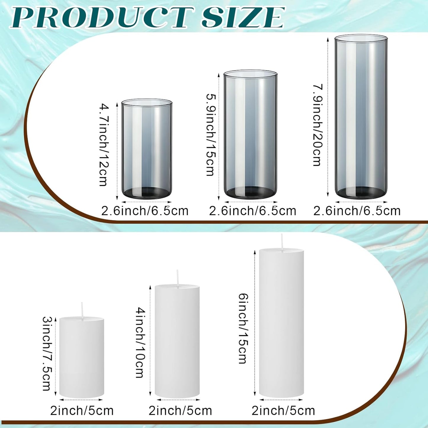 Shihanee 36 Pcs Pillar Candles and Glass Cylinder Vases Tall Cylinder Holders for Pillar Candles Wedding Centerpieces, Total 18 Sets(2.6'' X 4.7'', 5.9'', 7.9'',Clear,Ivory)