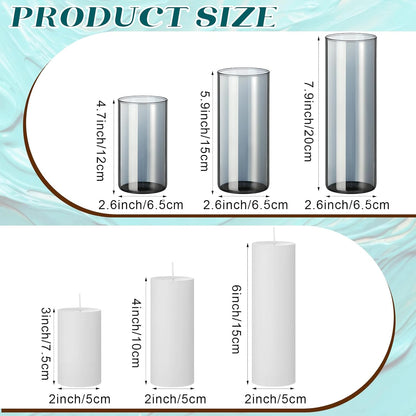 Shihanee 36 Pcs Pillar Candles and Glass Cylinder Vases Tall Cylinder Holders for Pillar Candles Wedding Centerpieces, Total 18 Sets(2.6'' X 4.7'', 5.9'', 7.9'',Clear,Ivory)