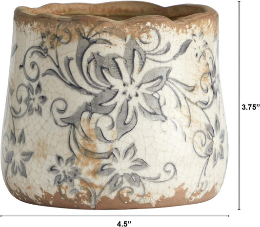 Nearly Natural 7in Ceramic Decorative Planter Tuscan Style Gray Scroll Design for Indoor Home Shelf Table Decor