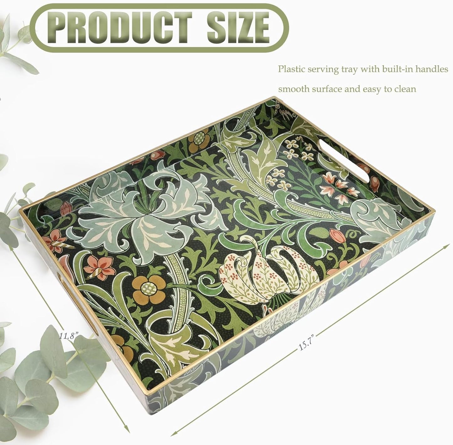 Spsyrine Serving Tray with Handles, Plastic Decorative Tray for Coffee Table, Living Room, Home Decor, Dianthus
