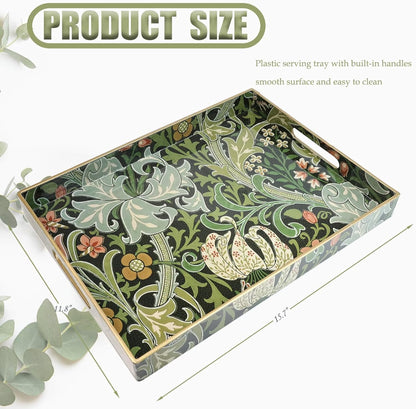 Spsyrine Serving Tray with Handles, Plastic Decorative Tray for Coffee Table, Living Room, Home Decor, Dianthus