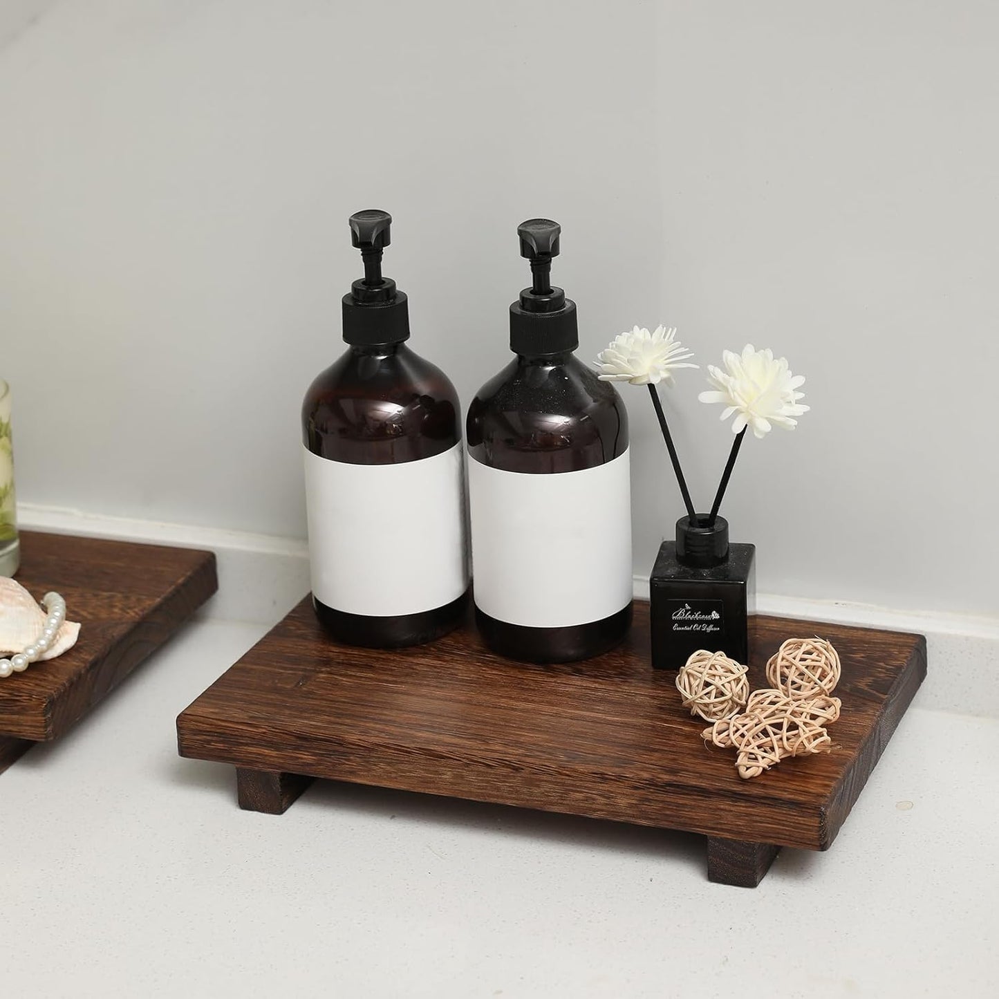 (12 x 7 Inch) Wood Riser Soap Tray, Farmhouse Wood Pedestal Stand for Kitchen Counter Sink, Rustic Wooden Riser Decorative Bathroom Counter Dishes Plant Bottles Candles Display