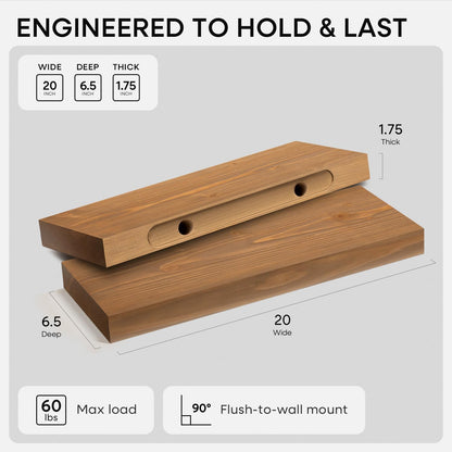 Homeforia 24 inch Natural Floating Shelf, High End Solid Real Wood 24inch Small Floating Shelves for Wall Mounted, Natural Wooden Floating Shelves, Heavy Duty Bracket, 24 X 6.5 X 1.75 in, Set of 2