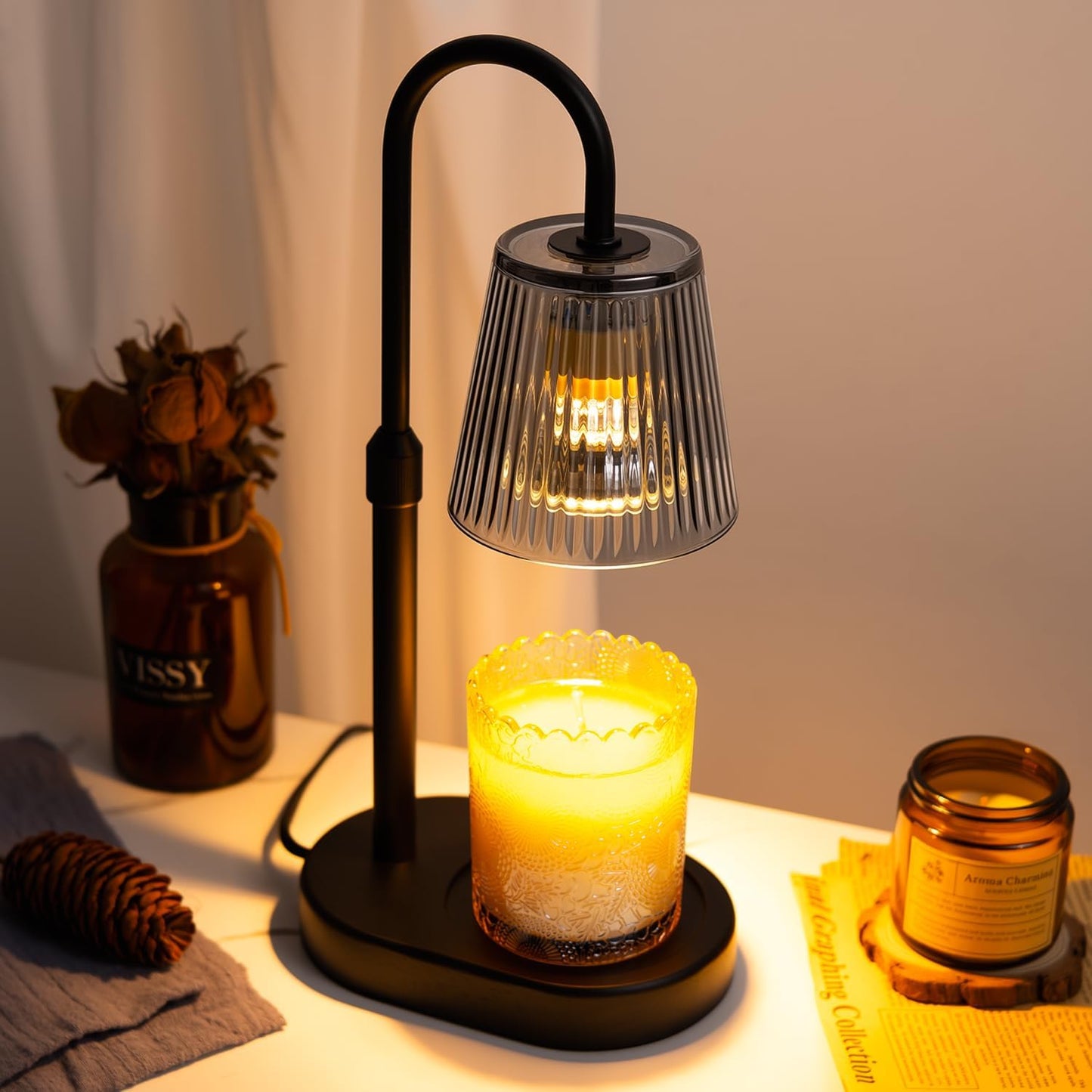 Candle Warmer Lamp Adjustable Timer - Electric Flower Glass Candles Warmers Adjustable Height Dimmable Vintage Base Modern Wax Candles Top Warmers for Small Jar Scented Wax Melts