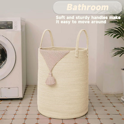 JMvicyroam Large Woven Laundry Basket Hamper,60L Cotton Rope Storage Bin for Blankets,Toys and Clothes,Decorative Tall Nursery Hamper for Living Room,Baby Nursery,Bathroom and Bedroom,Brown