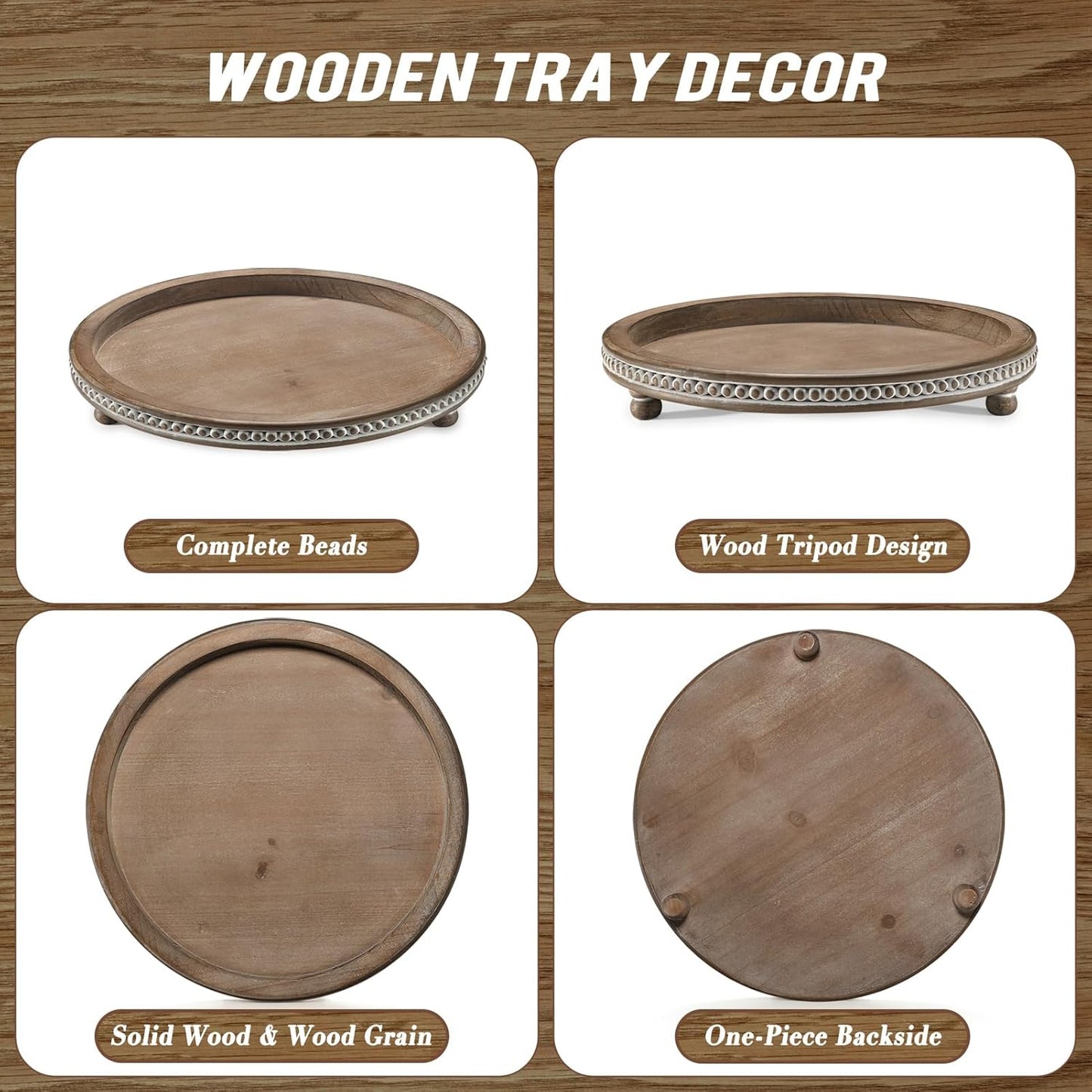 KULEDM Handmade Wooden Decorative Tray, Small Beaded Coffee Table Tray Decor, Sage Round Serving Tray for Coffee Table, Dining Room Table Entryway and Living Room Table