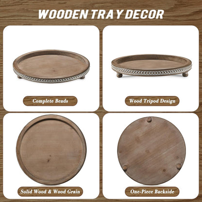 KULEDM Handmade Wooden Decorative Tray, Small Beaded Coffee Table Tray Decor, Sage Round Serving Tray for Coffee Table, Dining Room Table Entryway and Living Room Table