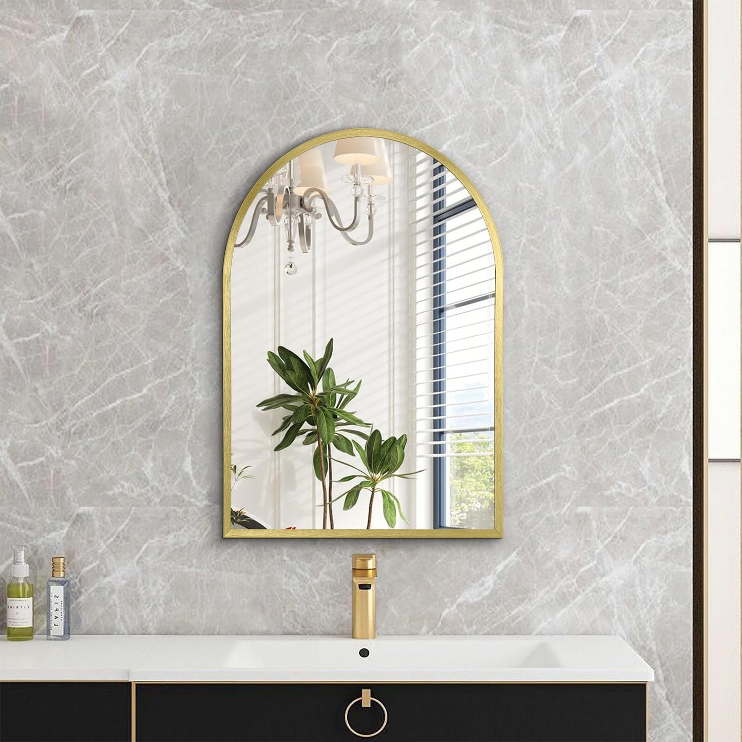 Black Arched Mirror, Modern Bathroom Wall Mirror Aluminum Alloy Framed Mirror Brushed Metal Vanity Wall Mounted Mirror for Livingroom Bedroom Entryway Room 16"x12"