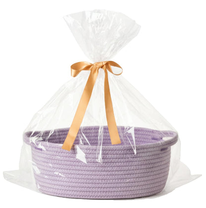 Small Woven Gift Basket Empty with Bag & Ribbon - Gifts for Mom, Baby Shower, Birthdays & Raffle - Cotton Rope Storage Basket for Dog Toys or Shelf - 12"x8"x5", White