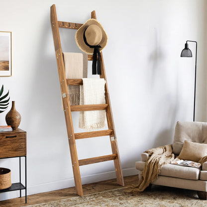 TEAKMAMA 6-Tier Blanket Ladder for Living Room and Bedroom,5.4 Ft Wall Leaning Quilt Rack with Hooks,Rustic Decorative Farmhouse Blanket Storage,Stylish Ladder Holder,Christmas Decorations,Black