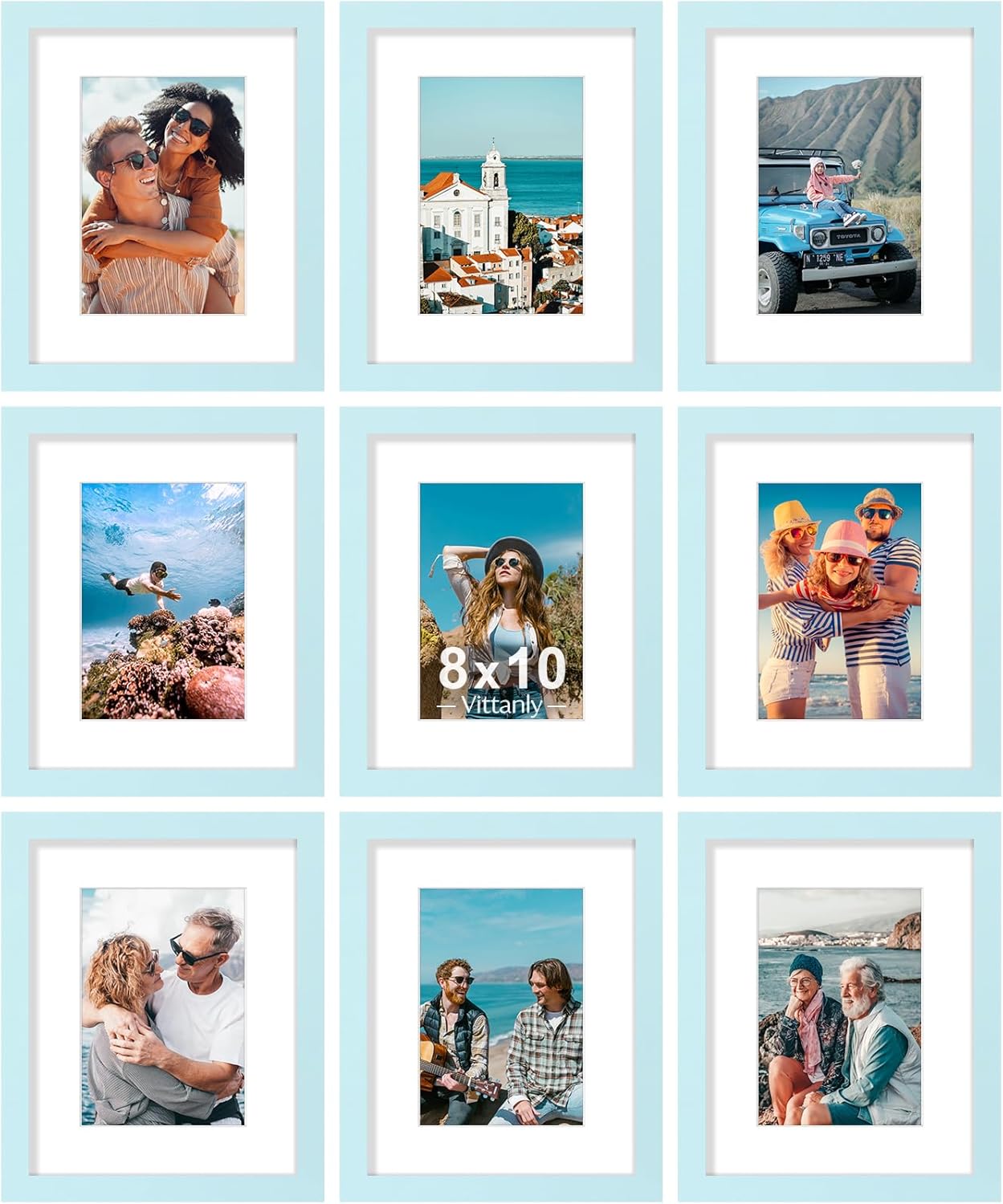 Vittanly 8x10 Picture Frames Set of 9, Shatter Resistant Plexiglass, Display 5x7 Pictures with Mat or 8x10 without Mat, Photo Frames for Wall or Tabletop, Engineered Wood, Black - Colors B