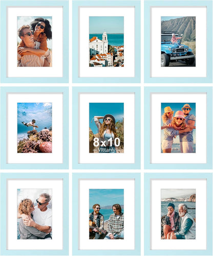 Vittanly 8x10 Picture Frames Set of 9, Shatter Resistant Plexiglass, Display 5x7 Pictures with Mat or 8x10 without Mat, Photo Frames for Wall or Tabletop, Engineered Wood, Black - Colors B
