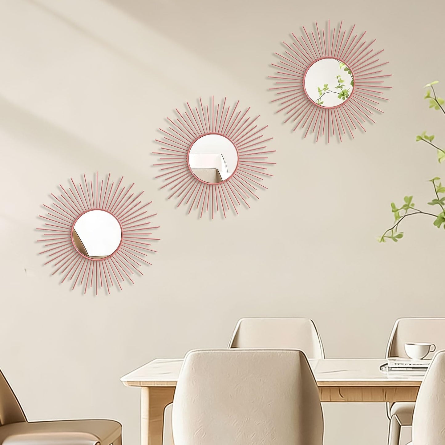 3 Pack Metal Mirrors for Wall Sunburst Wall Mirrors Home Décor Decorative Hanging Wall Art for Living Room Bedroom Entryway (Gold, Flower+Sunburst)