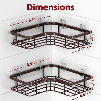 Sakugi Corner Shower Caddy - 2 Pack, Adhesive Shower Organizers, Rustproof Stainless Steel Shower Shelves with 8 Hooks, No Drilling Bathroom Organizers and Storage Racks, Space-Saving, Black, Medium