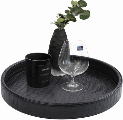 HofferRuffer Round Serving Tray 20'', Elegant Faux Leather Circle Ottoman Table Tray, Serve Tea Coffee Breakfast in Bedroom Living Room Kitchen (Brown)