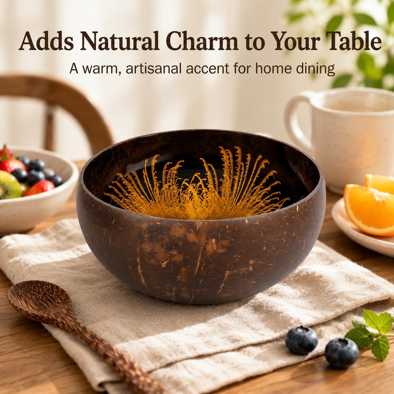 ChezMax Natural Coconut Bowl with Mother of Pearl Inlays - Key Bowl & Fruit Snack Holder (Blue-Gold)