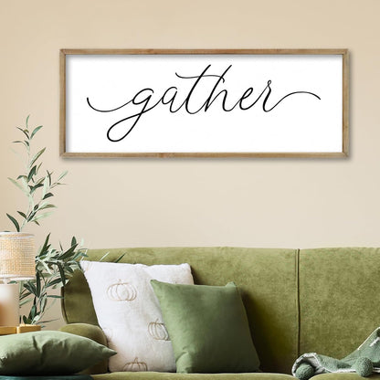 FZMHASLWW Gather Sign Wall Decor 32"×12" Large Wooden Framed for Dining Room Simple Home Kitchen Hanging Art (Wood)