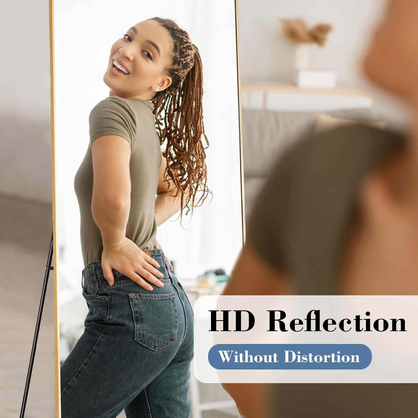 DUMOS Arched Full Length Mirror with Stand 64"x21" Floor Standing Aluminum Frame for Bedroom Body Hanging Leaning Modern Simple Home Decor Shatter-proorf Nano Glass Wall Living Room Cloakroom Black