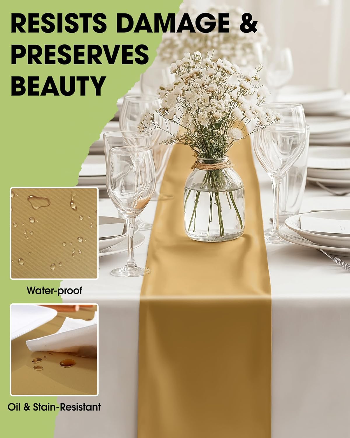 Pureegg Gold Plastic Table Runners - 10 Pack, 14'' x 108'', Water Resistant & Disposable Centerpiece Decorations for Table Cloth, Wedding, Birthday, Holiday, Baby Shower, Party, Home Decor