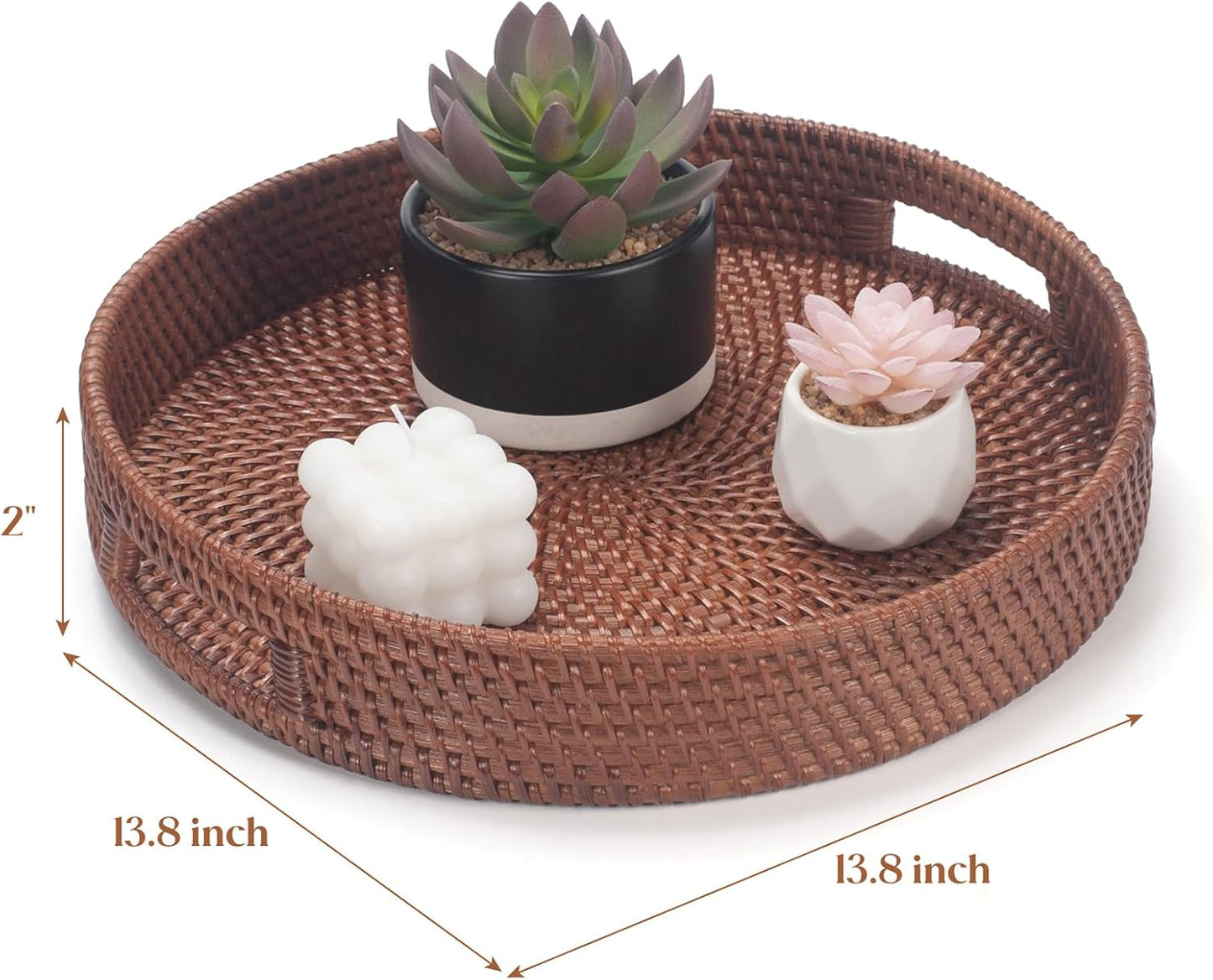 13.8 inch Round Rattan Tray, Decorative Coffee Table Tray, Ottoman Tray, Woven Serving Tray with Handles, Wicker Serving Basket, Whitewash