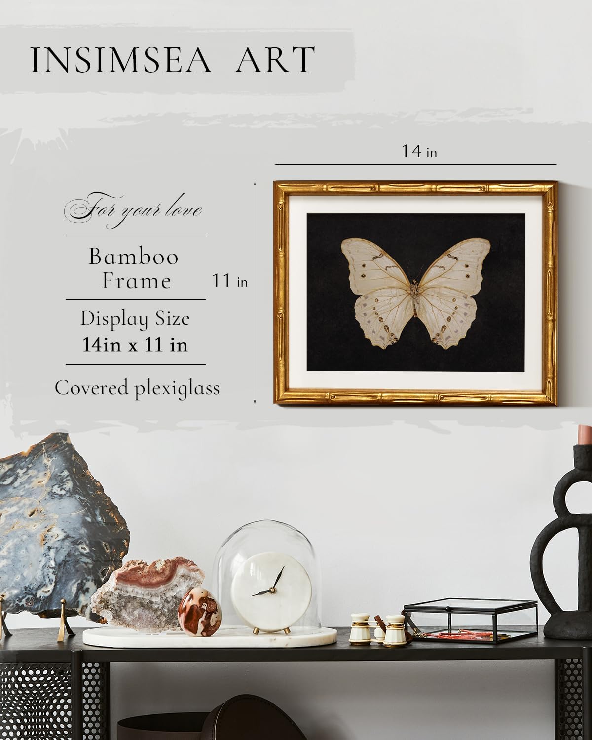 InSimSea Gold Bamboo Framed Canvas Wall Art, Retro Blue Hydrangea Botanical Prints, Antique Flowers Picture Frame with Mat, Victorian Home Wall Decor for Kitchen Living Room Bedroom, 11x14inch