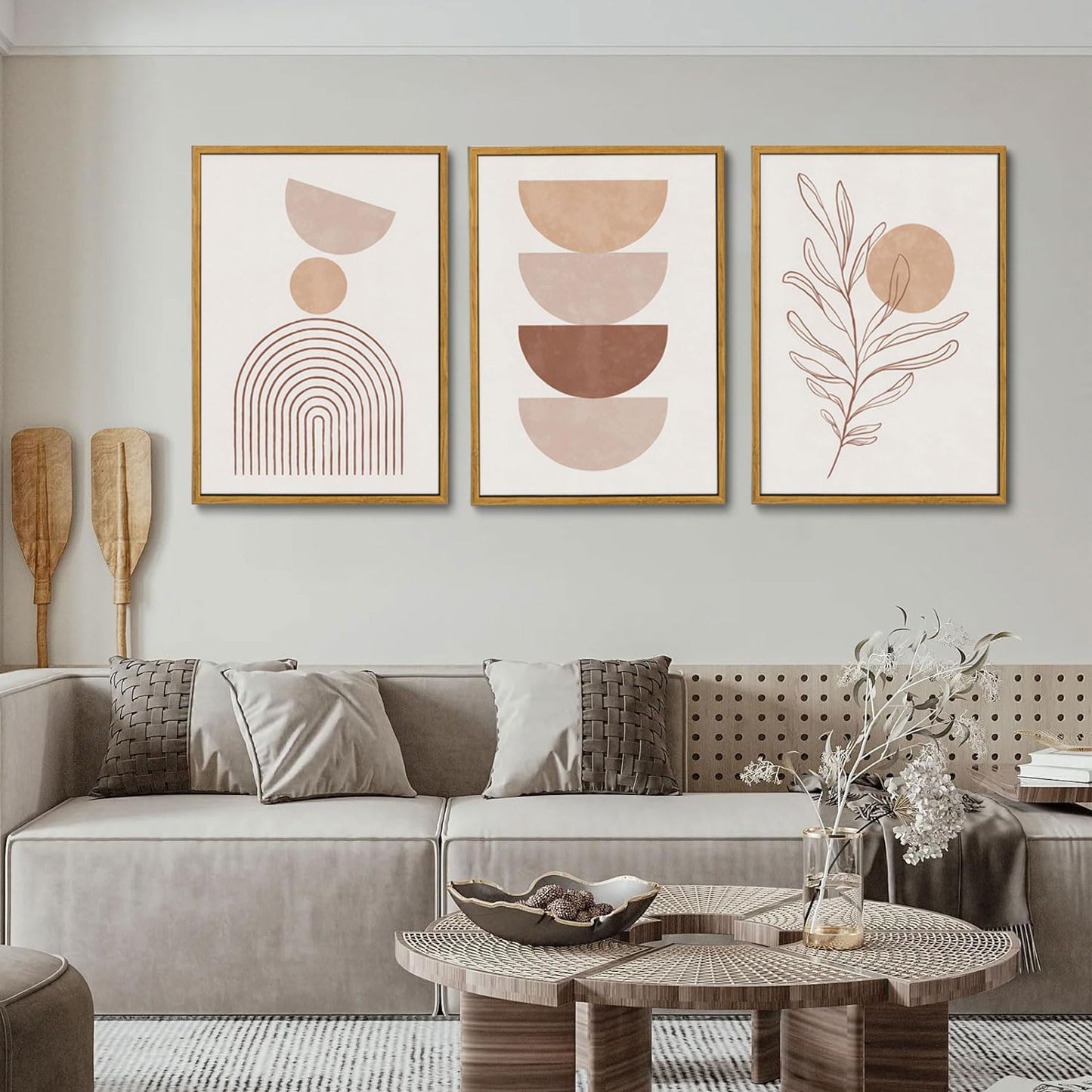 Bwodke Boho Wall Art, Framed Abstract Wall Art, Green Botanical Neutral Canvas Wall Decor, Large Mid Century Plant Pictures Set of 3, Modern Minimalist Paintings, for Bedroom Living Room Bathroom