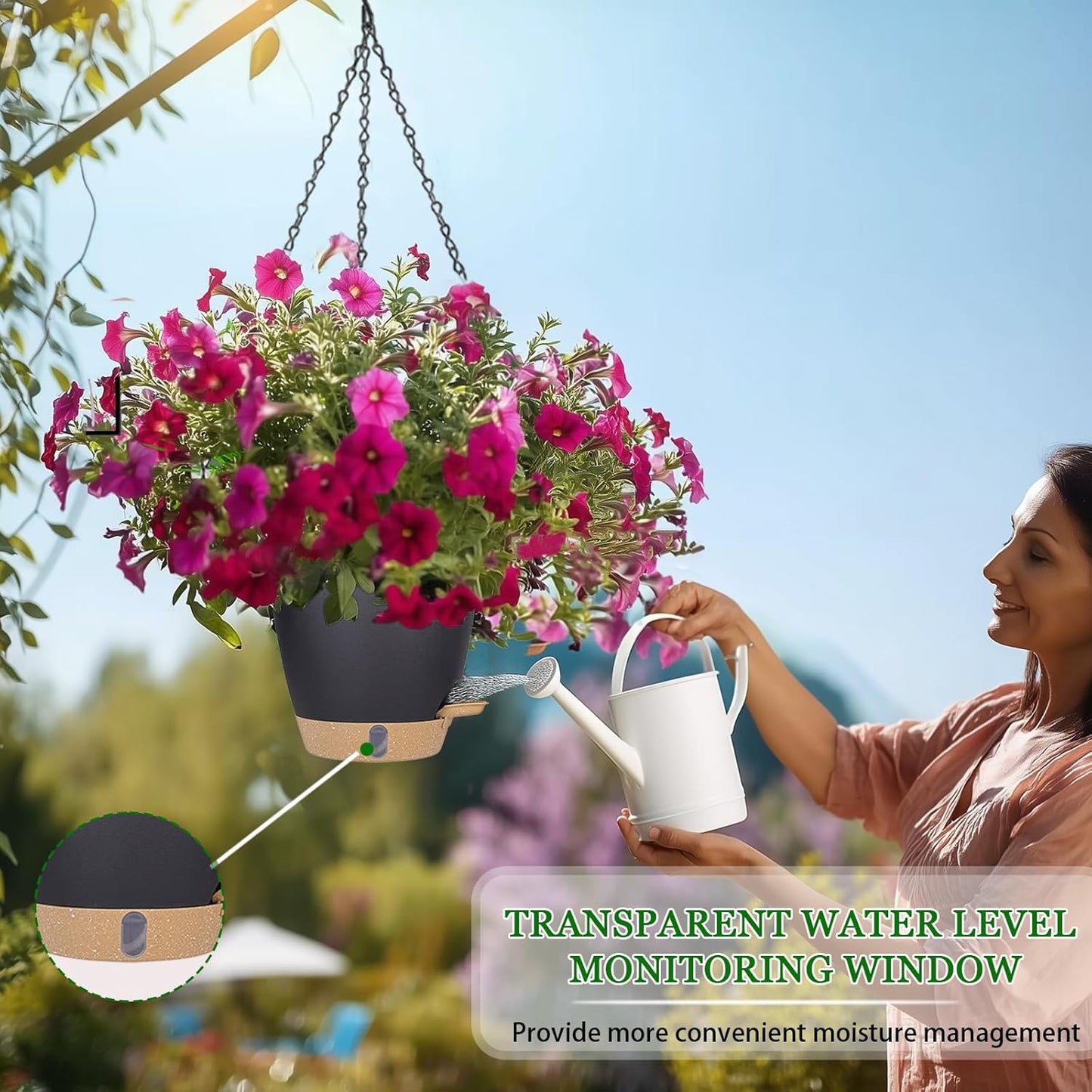 10 Inch Hanging Planters for Indoor Plants, 2 Pack Self Watering Hanging Baskets Flower Pots with Drainage Hole, Visual Reservoir & 2 Kinds of Plant Hanger for Outdoor Garden Home Decor (White)
