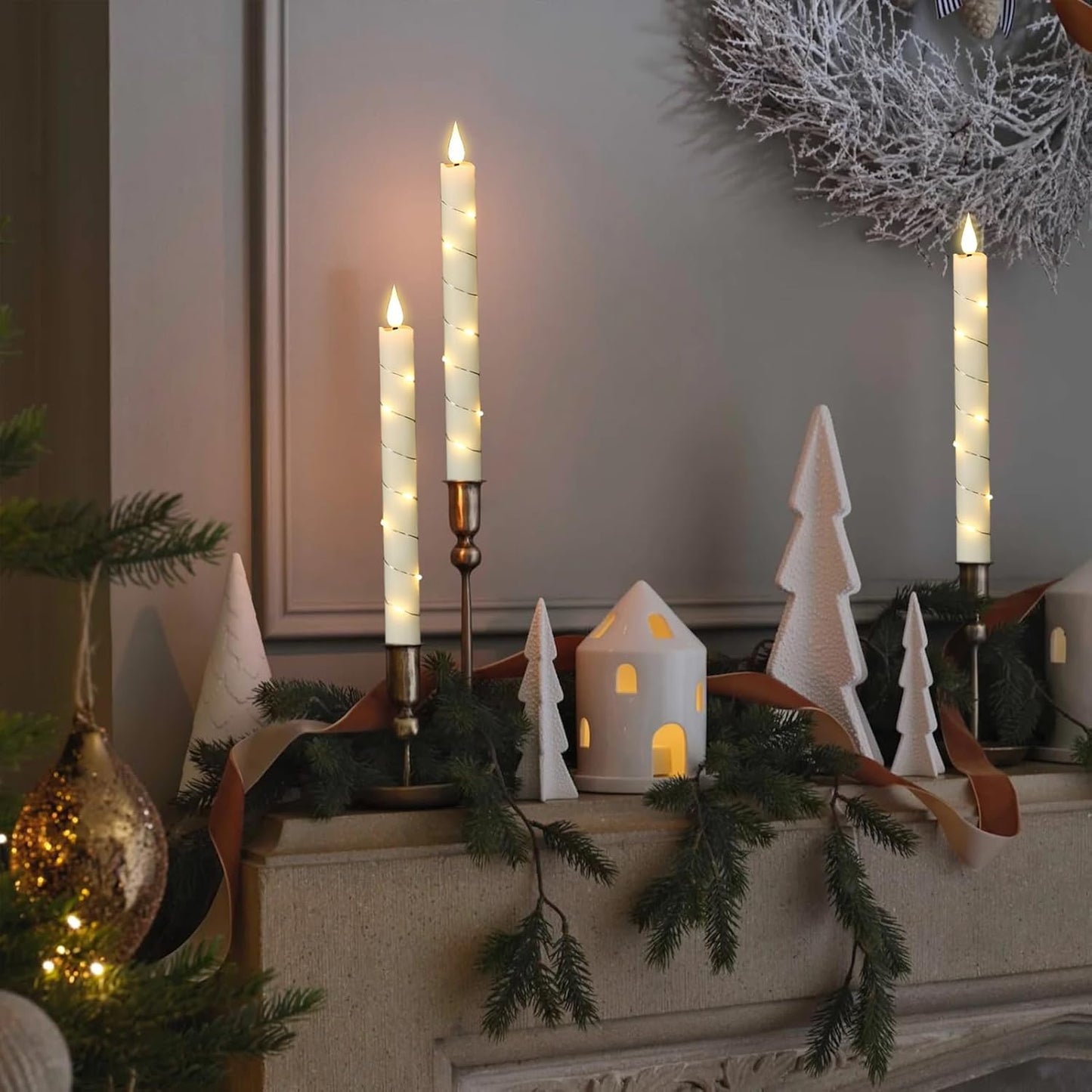 GenSwin Flameless Ivory Taper Candles Flickering with 10-Key Remote, Battery Operated Led Warm 3D Wick Light Window Candles Real Wax Pack of 6, Christmas Home Wedding Decor(0.78 X 9.64 Inch)