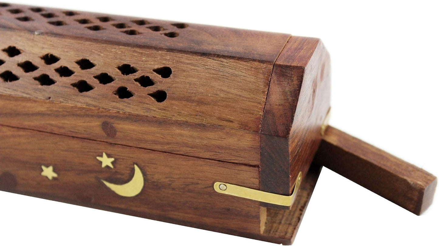 Sheesham Wood Incense Burner - Handmade Coffin Style Sun and Moon Inlay Incense Holder - Aromatherapy Room Freshener Cone Incense Stick Burner Ash Catcher - Zen Home Gift - 12x2x2 - COTTON CRAFT