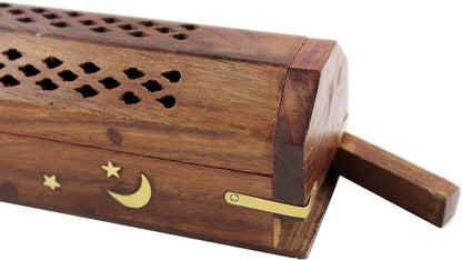 Sheesham Wood Incense Burner - Handmade Coffin Style Sun and Moon Inlay Incense Holder - Aromatherapy Room Freshener Cone Incense Stick Burner Ash Catcher - Zen Home Gift - 12x2x2 - COTTON CRAFT