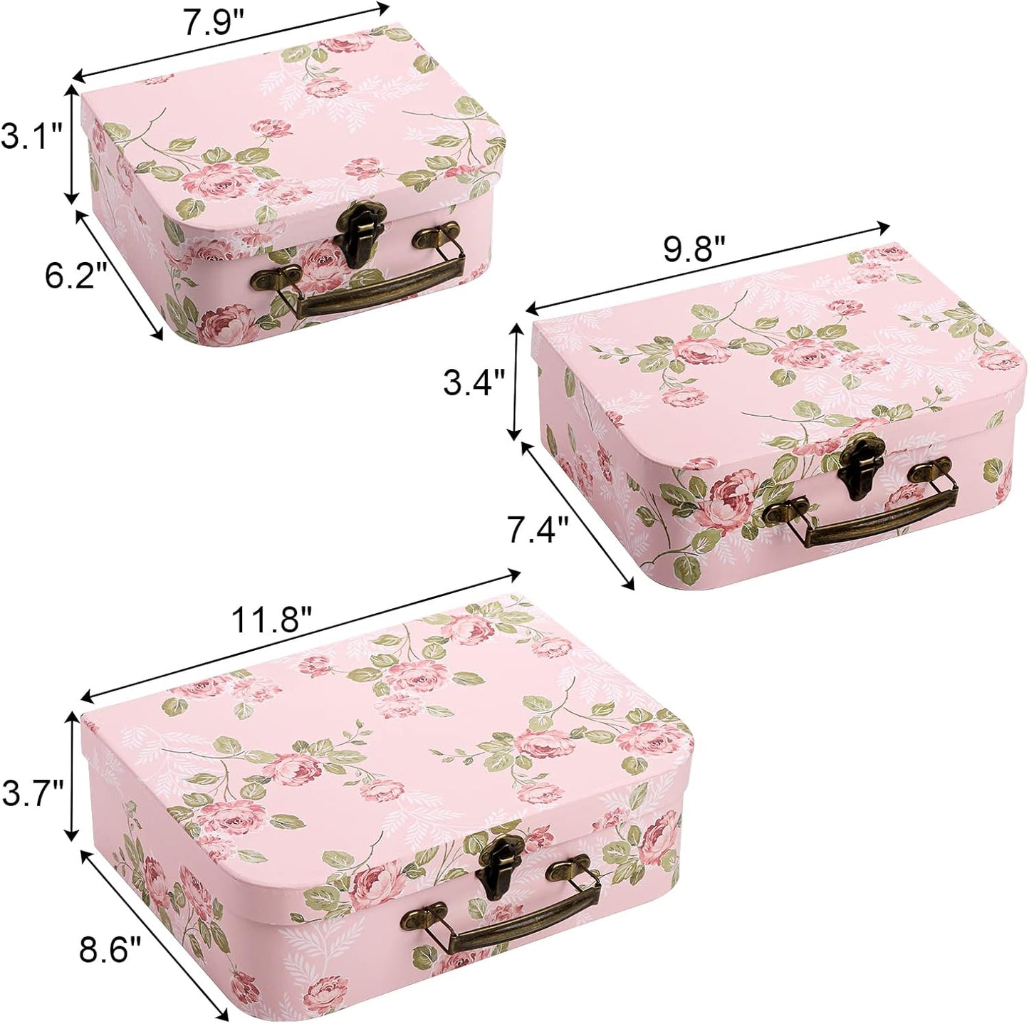 Fasmov 3 Pack Paperboard Suitcases Storage Box Decorative Storage Boxes Gift Boxes With Lids for Photo Storage Home Decoration, Wedding, Birthday, Anniversary, Pink