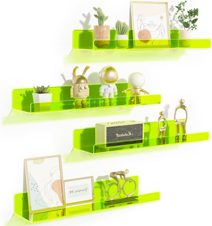 upsimples Acrylic Shelves for Bathroom Storage, 15" Floating Shelves Wall Organizer for Perfume, Make up, Skincare, Kids Bookshelf for Bedroom, Nursery, Living Room Decor, Clear, 4 Pack