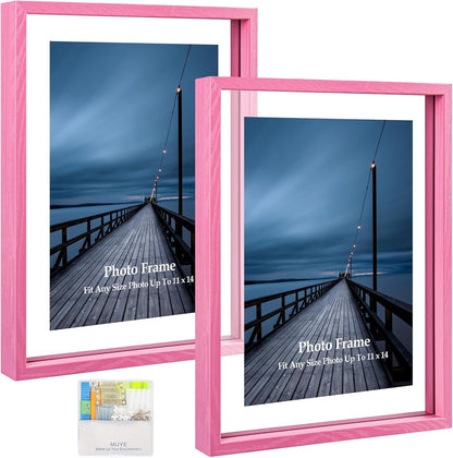MUYE 11x14 Floating Frame Set of 2,Double Glass Rustic Frame,Display Any Size Photo up to 11x14,Wall Mount or Tabletop Standing,Natural