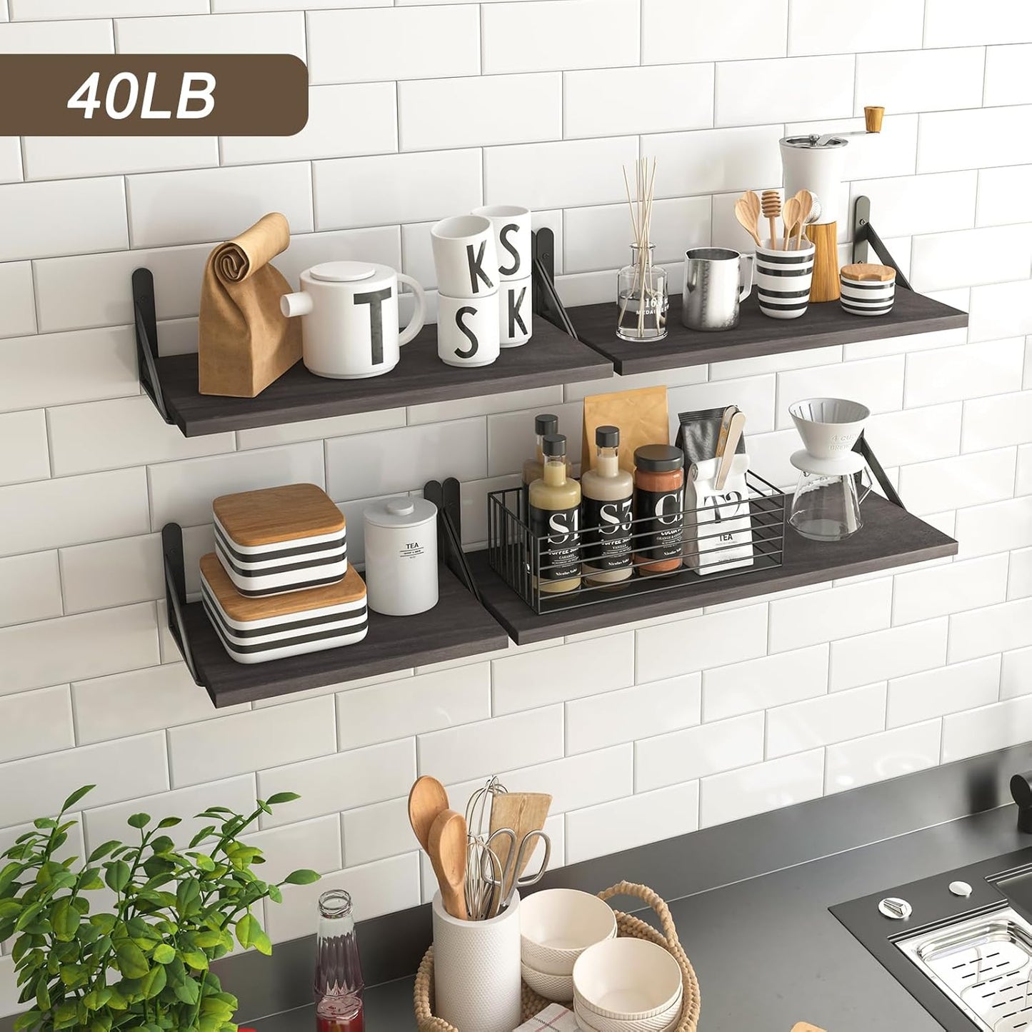 YGEOMER Floating Shelves for Wall, Different Sizes Dark Carbonized Brown Wall Shelves for Living Room, Bathroom, Bedroom, Kitchen, Home Decor (Set of 4)