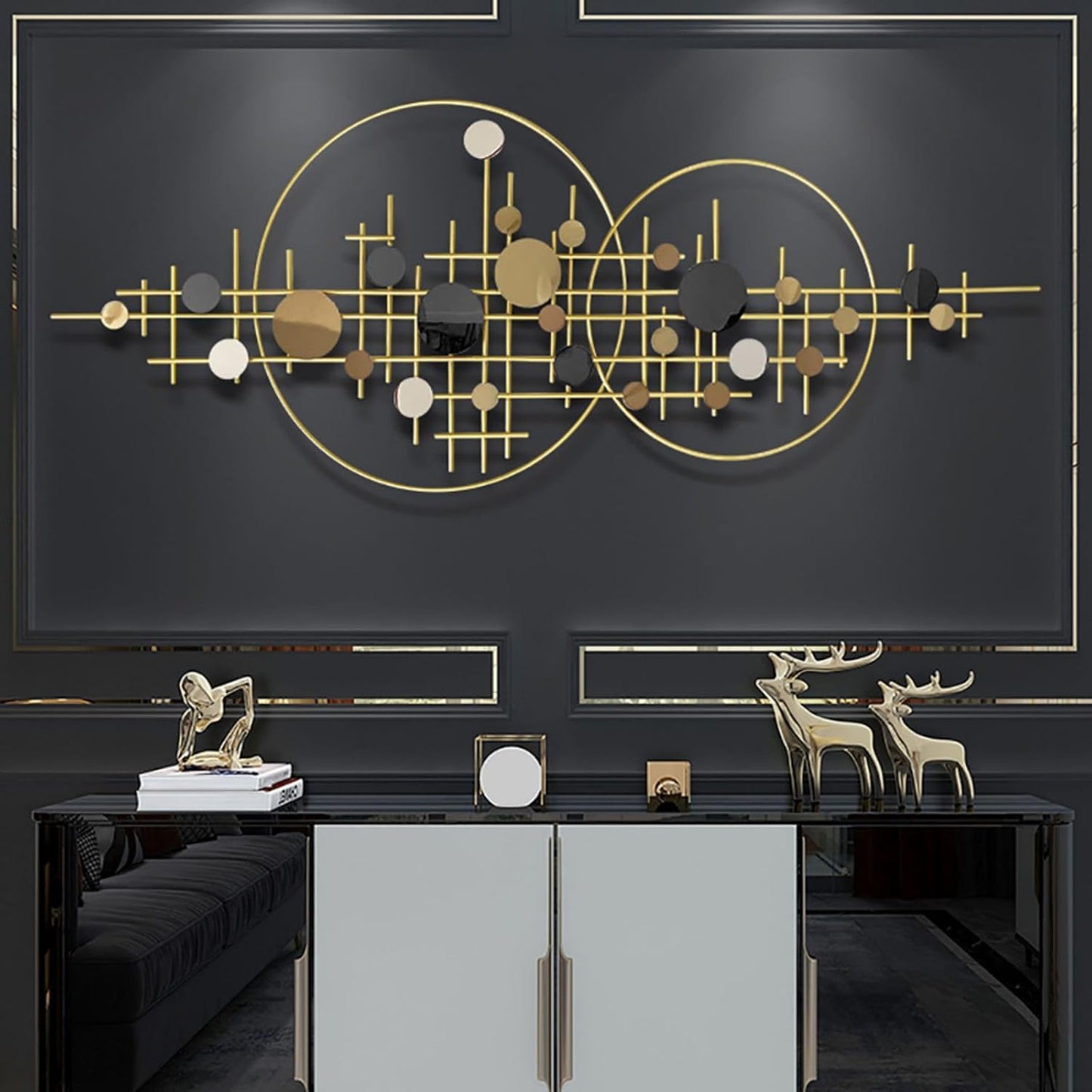 homary Large Metal Wall Art – 47.2" Modern 3D Abstract Geometric Overlapping Design, Iron Wall Decor for Living Room, Dining Room, Office