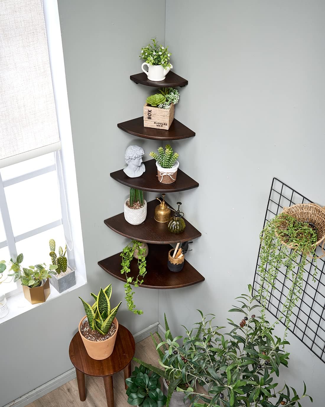 Corner Shelves, Floating Corner Shelf, Set of 2 7inch Solid Oak Wood Wall Shelves, Round End Wall Mount with Wire Hole Shelving for Small Plant for Bedroom Kitchen, Living Room